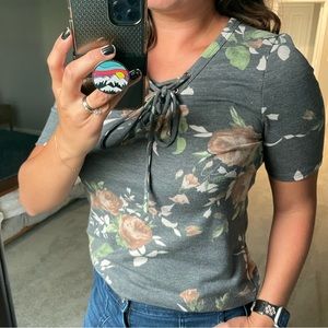 Medium Grey 3/4 sleeve shirt with light brown roses.